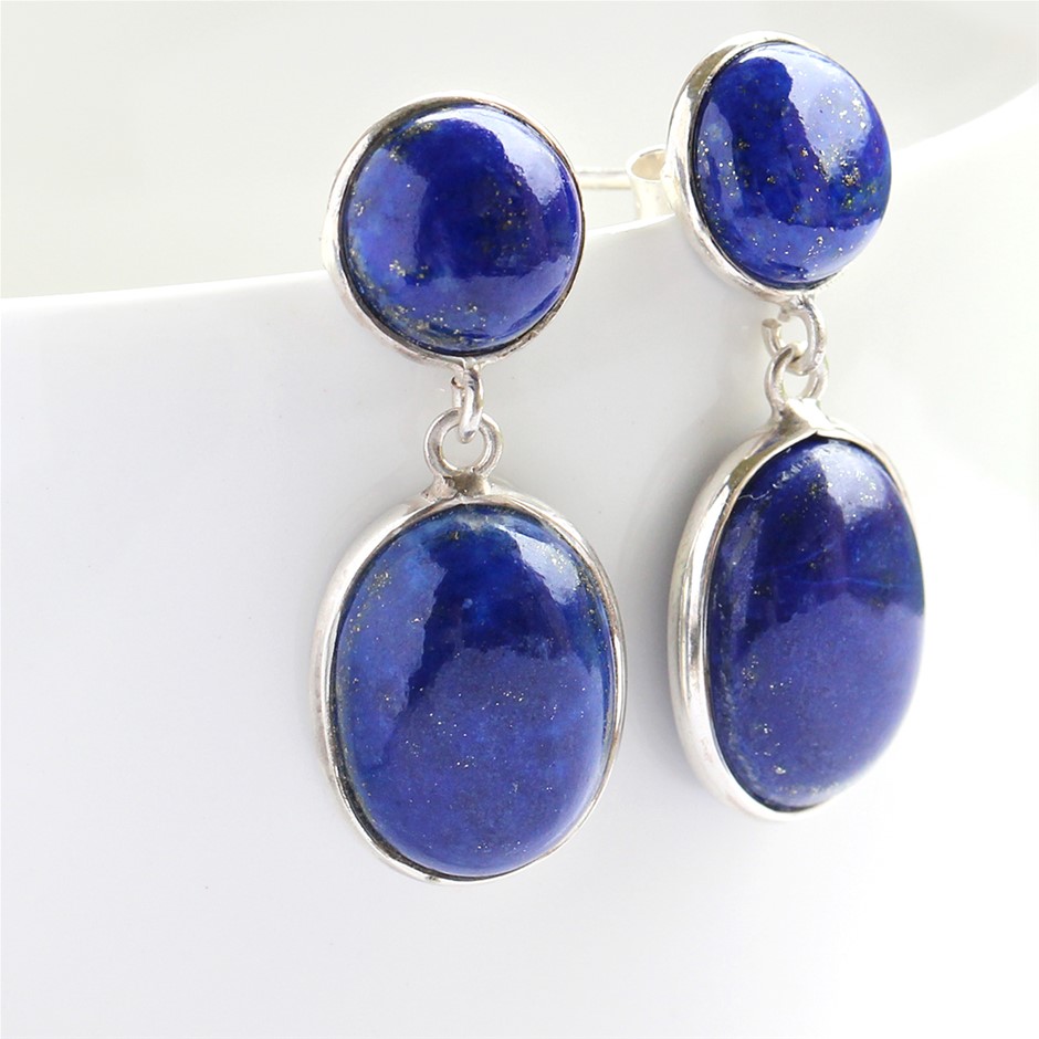 Beautiful Handcrafted 24 Cts Lapis Lazuli Drop 925 Silver Gemstone Earrings