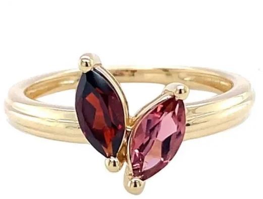 9K Yellow Gold GARNET &amp; PNK TOUR MARQ HRT RING