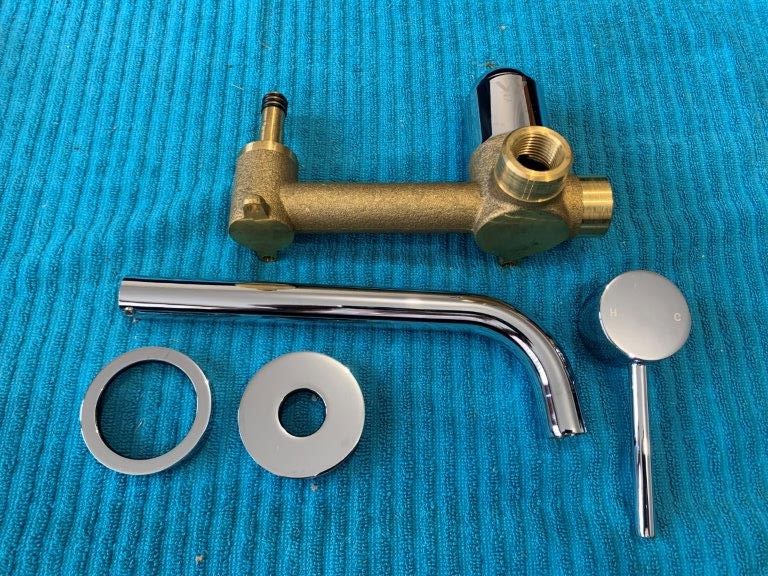 New in Box Multitude Wall Spout and Mixer, Brass, Quantity 1