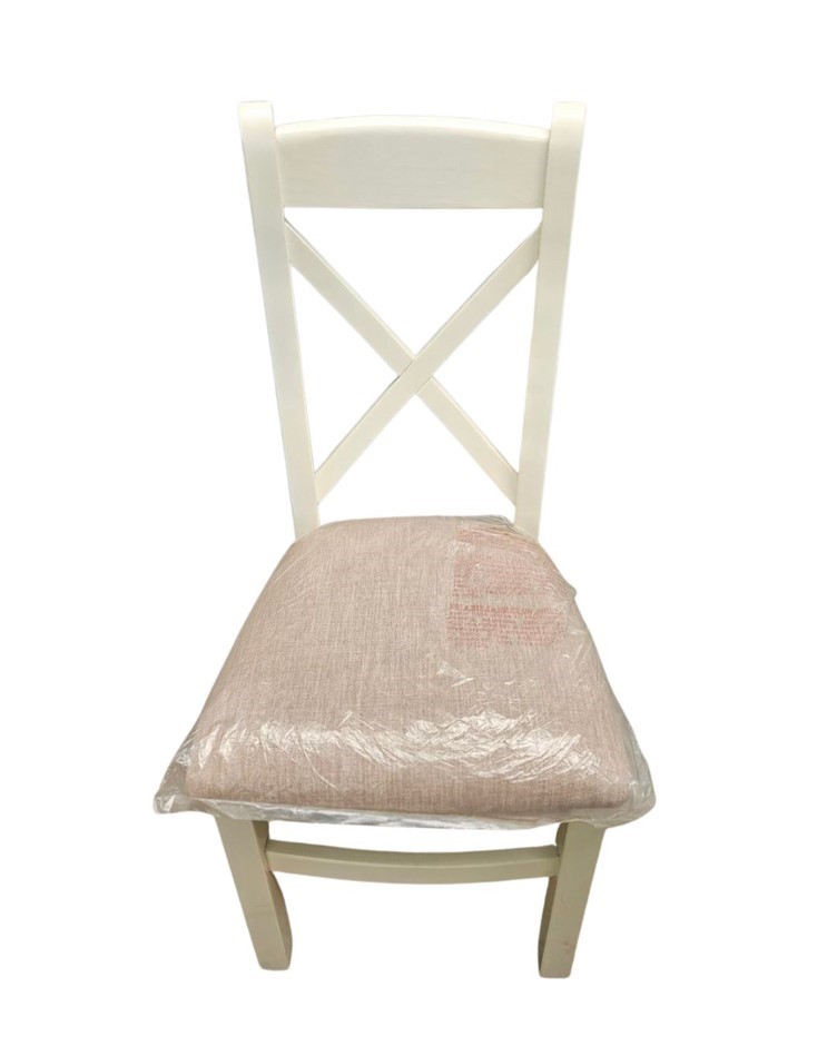 White Wooden Dining Chair with Beige Cushion