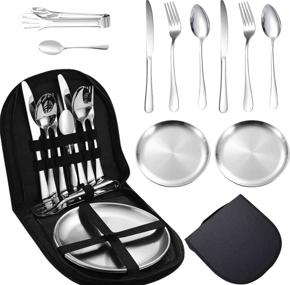 10-Pieces Outdoor Cutlery Set for Picnic, Portable Double Tableware Kit, St