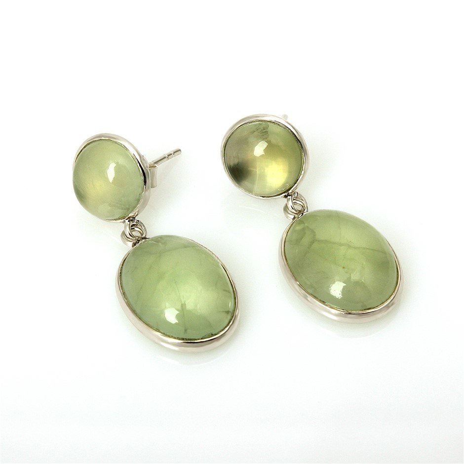 Handcrafted 24 Cts Prehnite Drop 925 Sterling Silver Gemstone Earrings