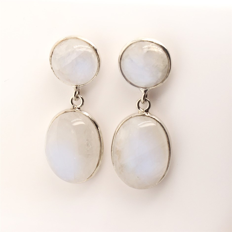 24 Cts Moonstone Handcrafted 925 Sterling Silver Gemstone Drop Earrings
