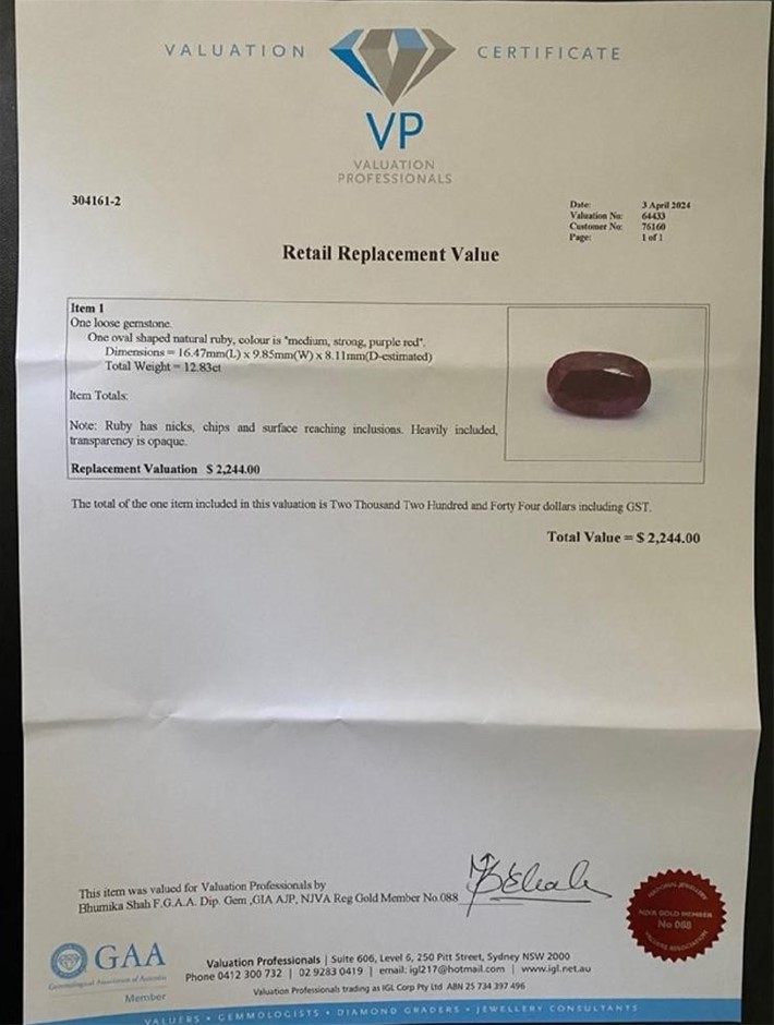 $2,200 Retail Replacement Value,12.84ct Natural Ruby, Certified