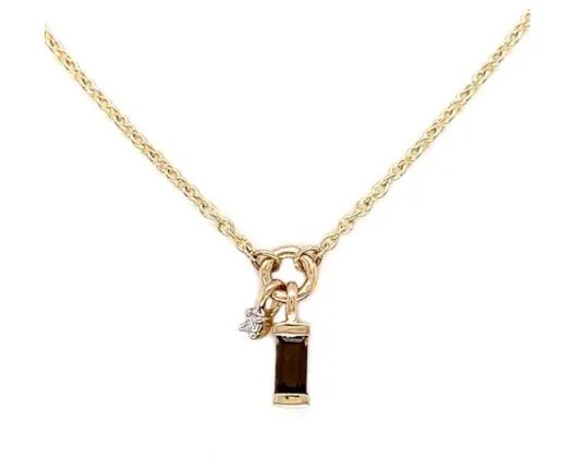 9K YELLOW GOLD 0.01ct HI SI DIAMOND SMKY QTZ NECKLACE 45cm