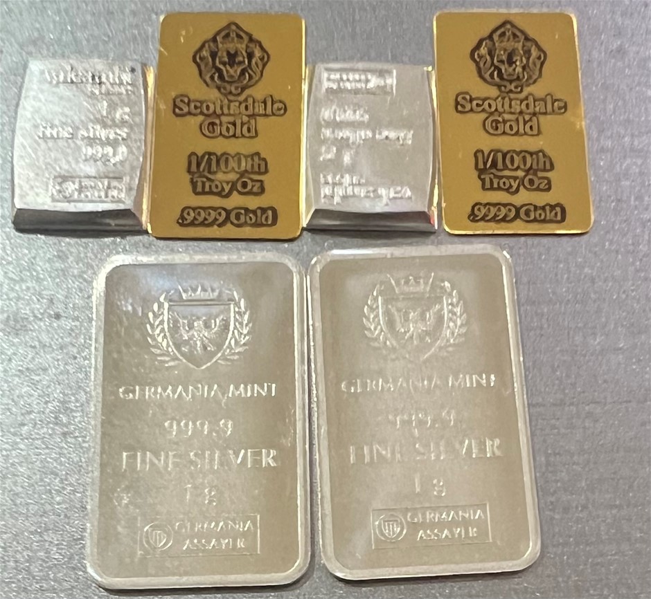 1/100 Scottdale gold bar x 2, 1g Valcumbi Silver x 2 & 1 Gram Germ Bar x 2