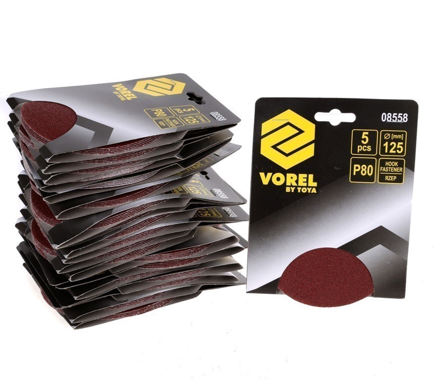 20 Packs of 5 VOREL Sanding Discs 125mm, Grit P80, Hook Fastener.