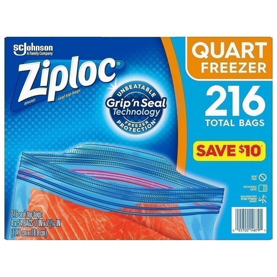 ZIPLOC Quart Slider Storage Bags 216pc, 20cm x 14.9cm x 4.7cm. N.B. Damaged
