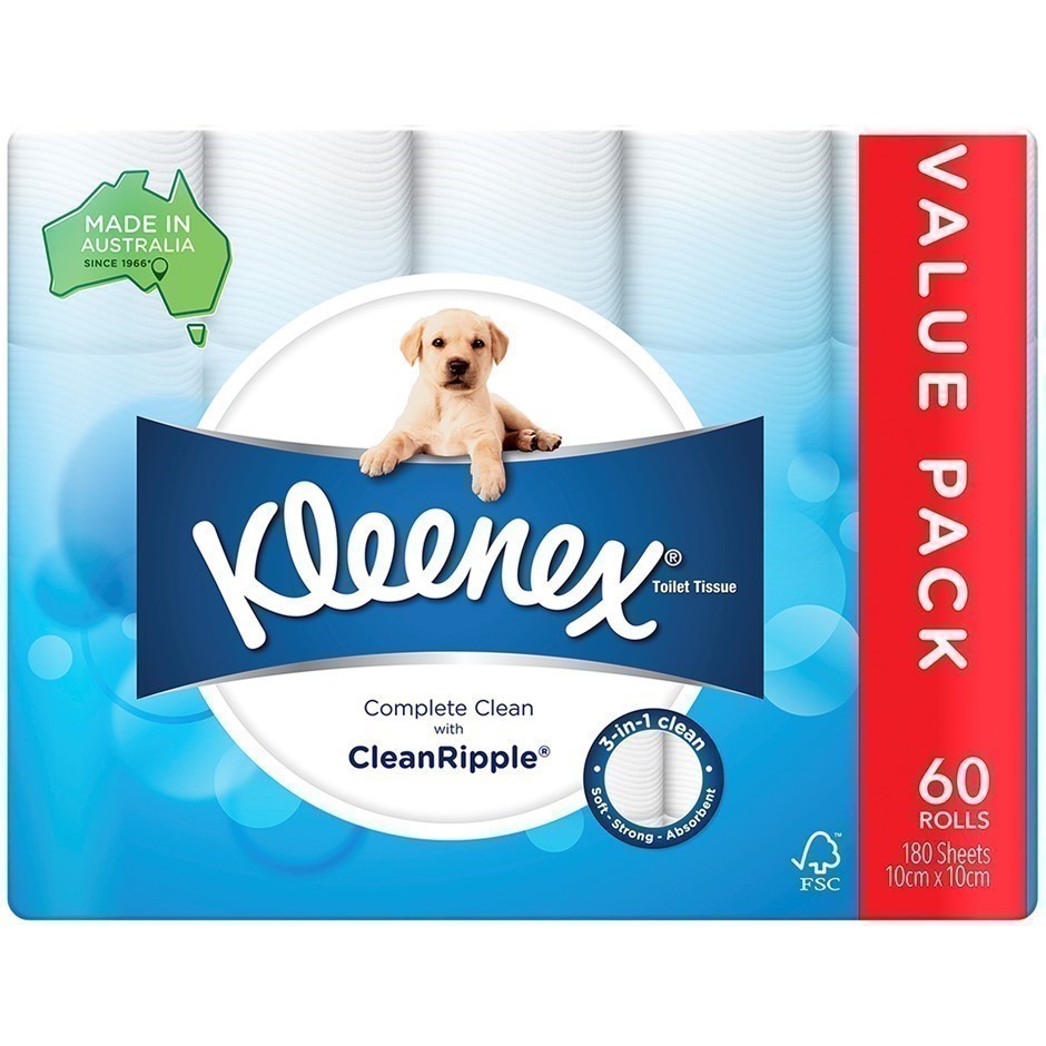 KLEENEX 60pk Toilet Paper, Complete Clean, 180 Sheets. N.B. Damaged Packagi