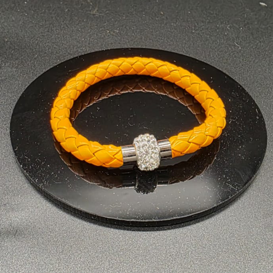 Designer Simulated Diamond Orange Leather Bracelet
