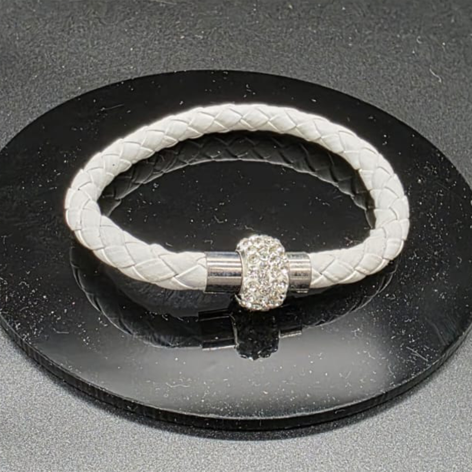Designer Simulated Diamond Ball Bracelet with Braided White Band