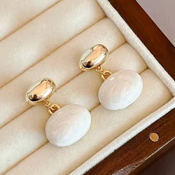 Genuine Simulated White Opal Oval Drop Earrings in Gold