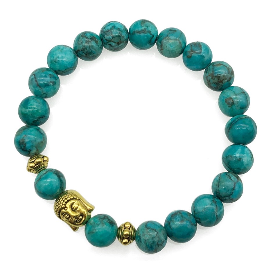 8mm African Jasper Turquoise & Antique Gold Buddha Charm Beaded Bracelet