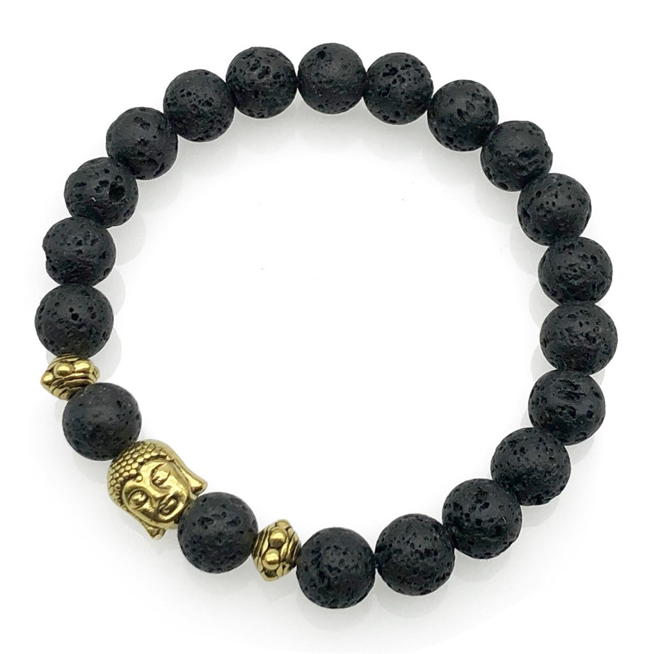 8mm Lava & Antique Gold Buddha Charm Beaded Bracelet