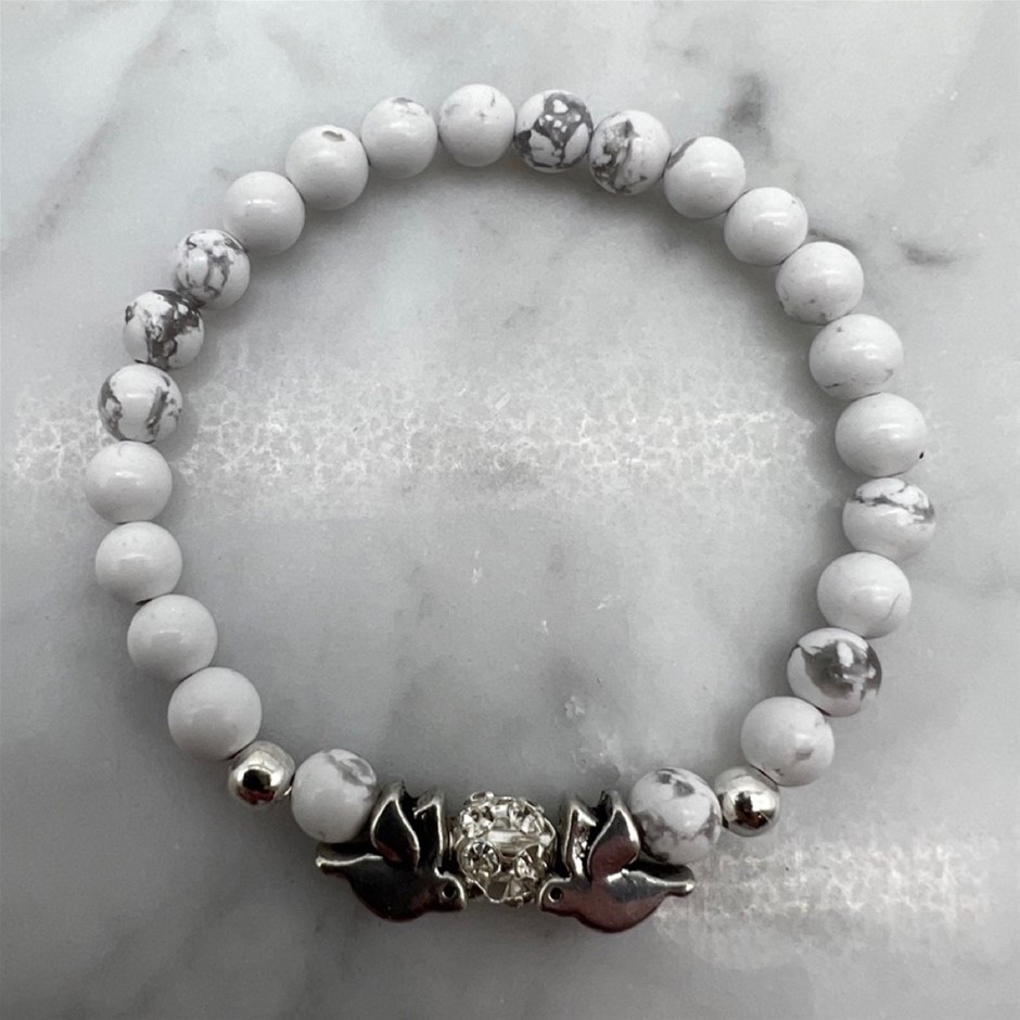 6mm Howlite Gemstone and Rhinestone Dove Bracelet