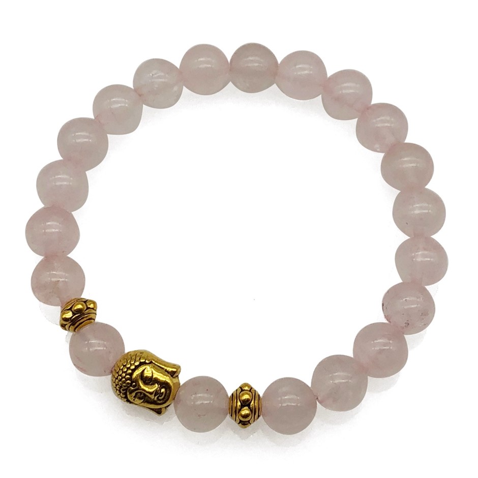 8mm Rose Quartz & Antique Gold Buddha Charm Beaded Bracelet