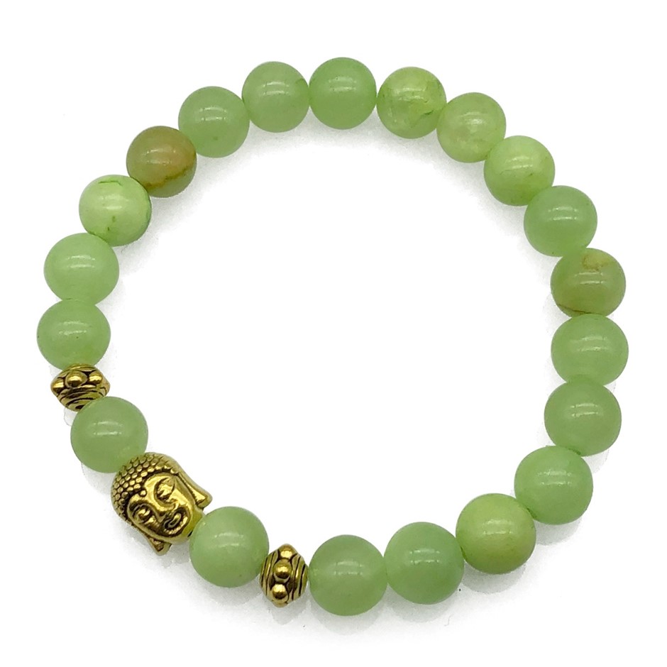 8mm Flower Jade & Antique Gold Buddha Charm Beaded Bracelet
