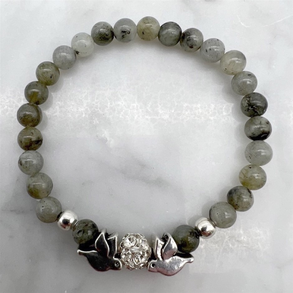 6mm Labradorite Gemstone and Rhinestone Dove Bracelet