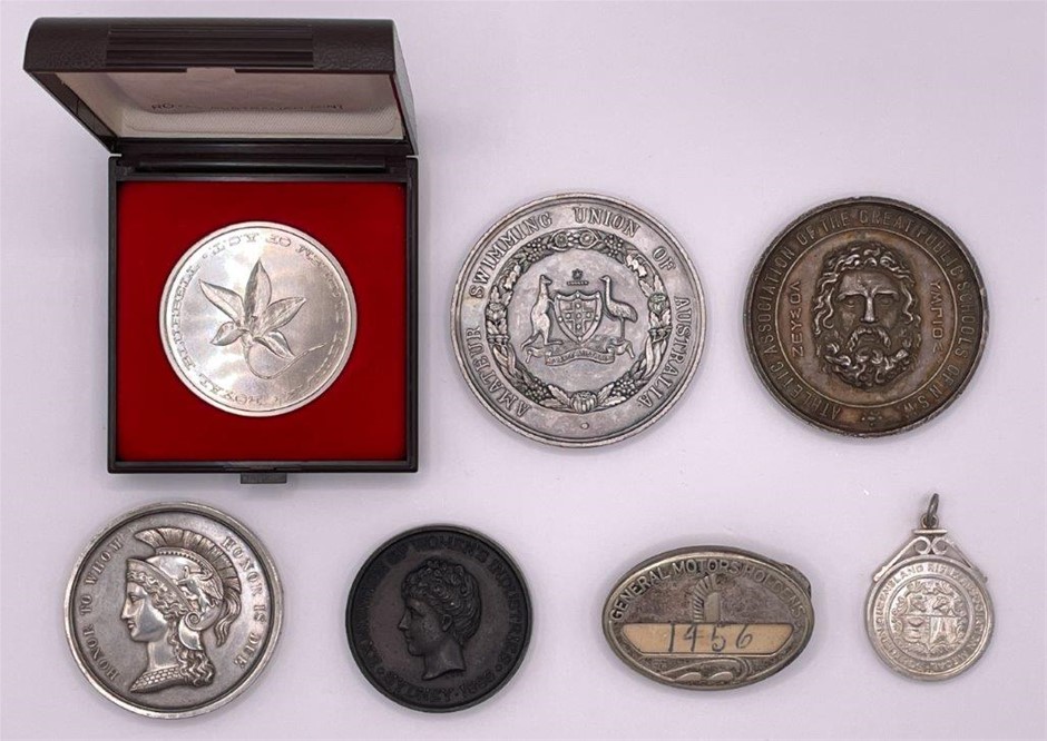 7 x Asst AU Exhibition, Athletics, Swimming Medallions and badges
