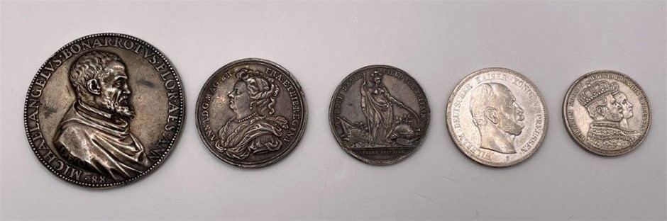 5 x Asstd World coins/medals incl Italy, GB and Germany, C1475-1888