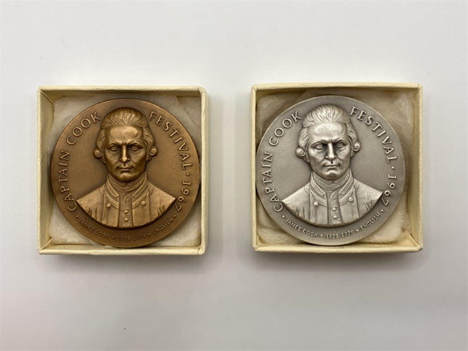 2 x 1967 Medallions -Captain James Cook Festival in Pure Silver & Bronze
