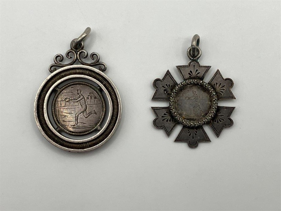 2 x Silver Handcrafted Football Fobs C. 1889-90