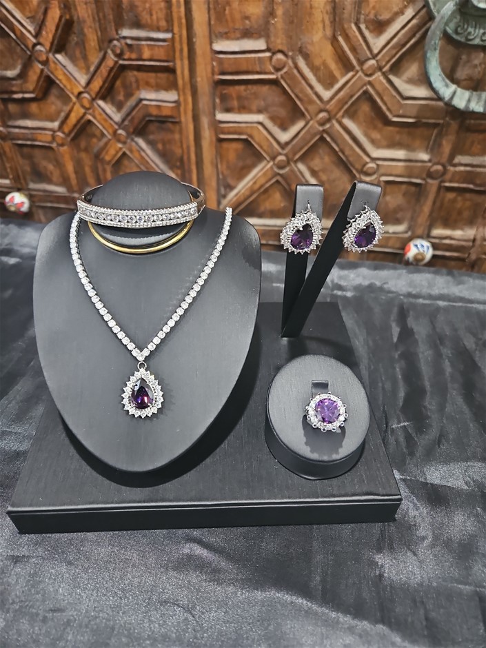 4pcs x 18K Stamped White Gold Filled Bangle & Ring & Earring & Necklace