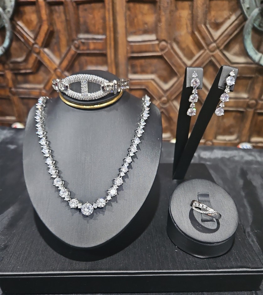 4pcs x 18K Stamped White Gold Filled Bangle & Ring & Earring & Necklace