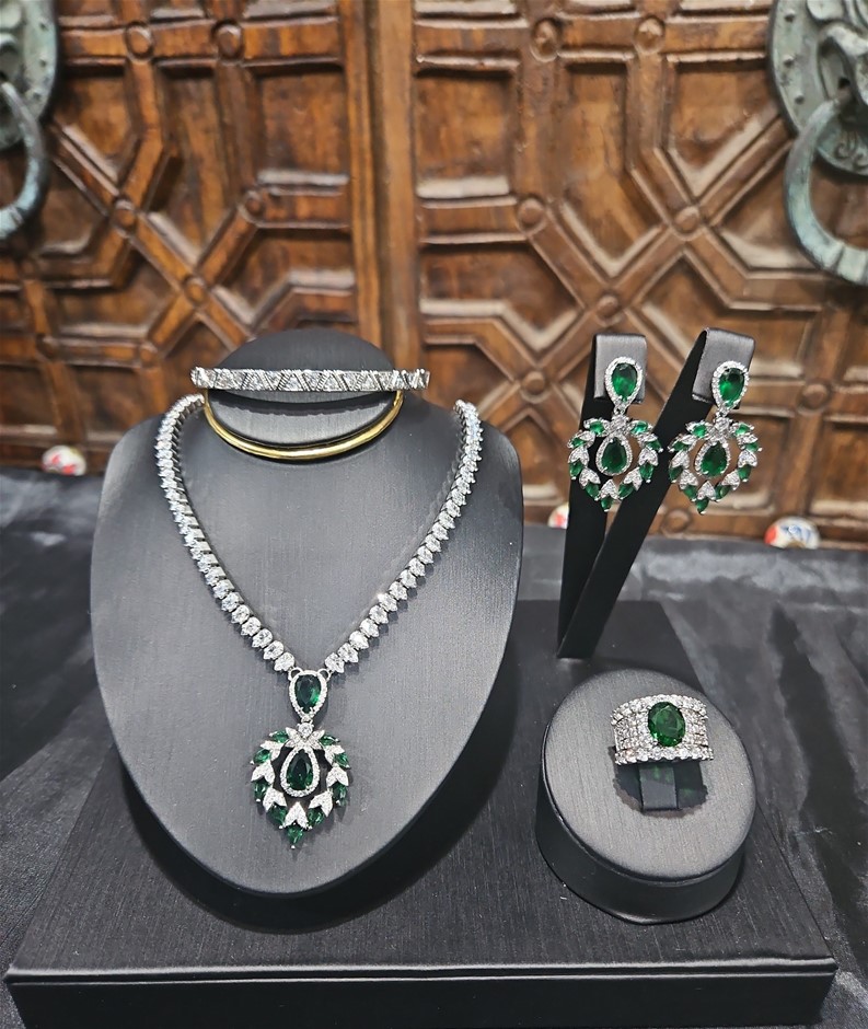 4pcs x 18K Stamped White Gold Filled Bangle & Ring & Earring & Necklace