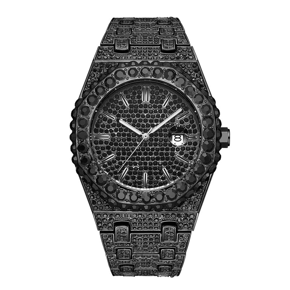 Luxury Black Stainless Steel Full Diamond Quartz Iced Out Wrist Watch