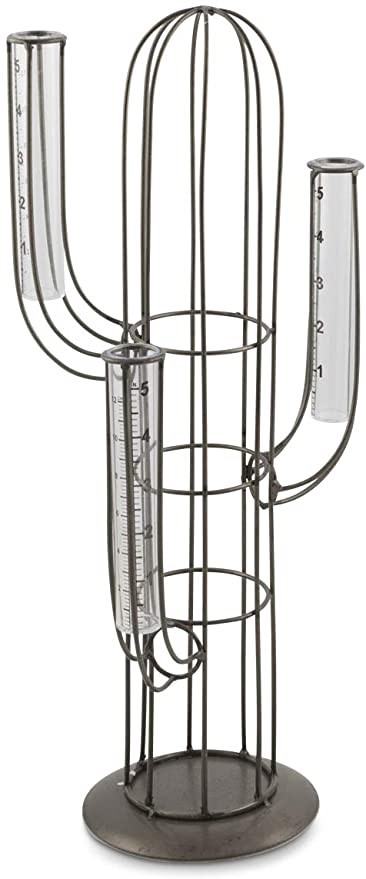 BOHO TRADERS Iron Cactus Bud Vase Holder with Three Glass Tubes, Antique Me