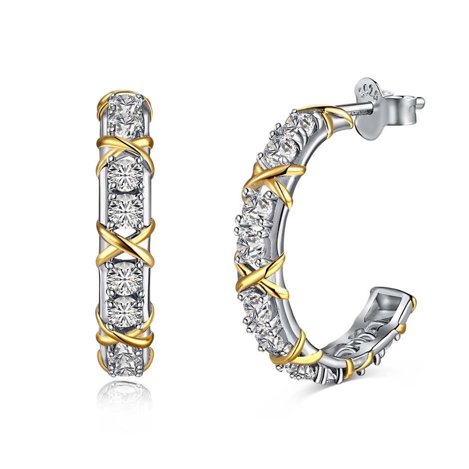 925 Sterling Silver Simulated Diamonds Round Hoop Earrings