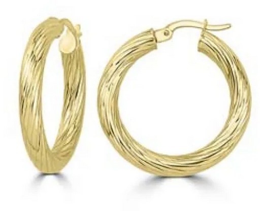 9K Yellow Gold TEXTURED HOLLOW HOOPS 20mm