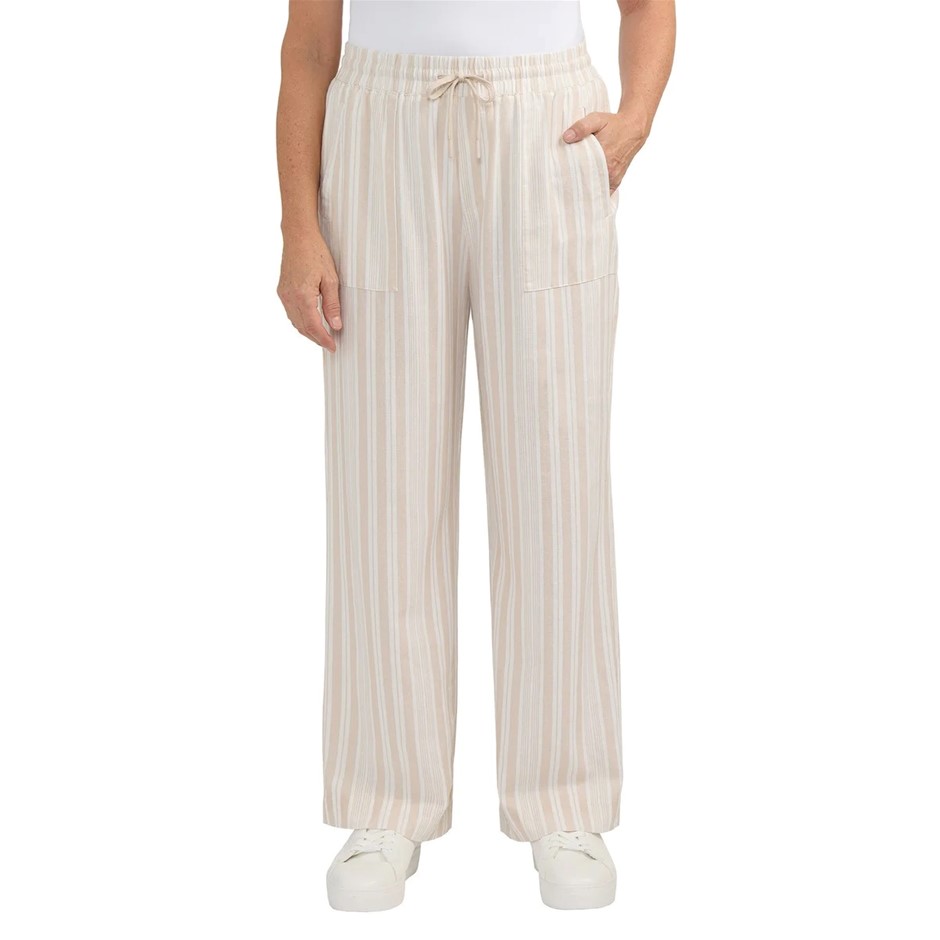 TEDDI ROSE Women's Wide Leg Pant, Size M, 55% Linen, Desert Tan Stripe.