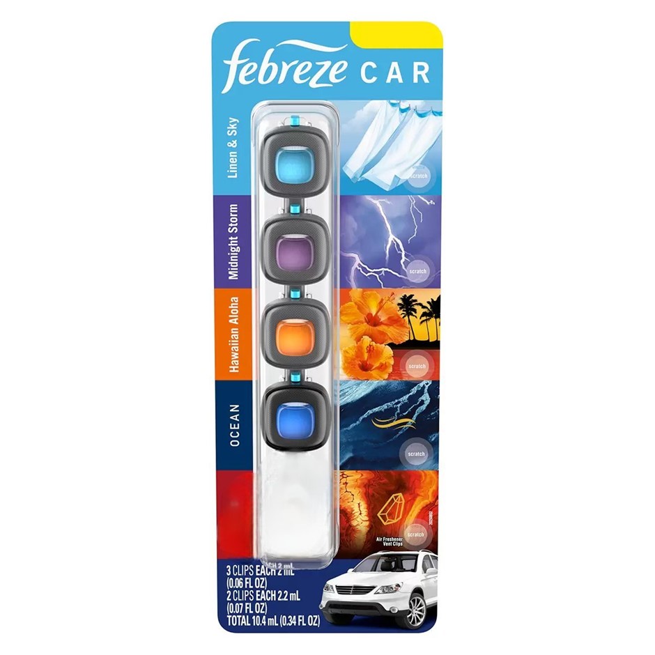 FEBREZE Mini Car Air Freshener 4 Pack Mixed Scents. NB: Opened packaging