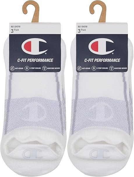 2 x CHAMPION C-Fit No Show Socks, White, Large
