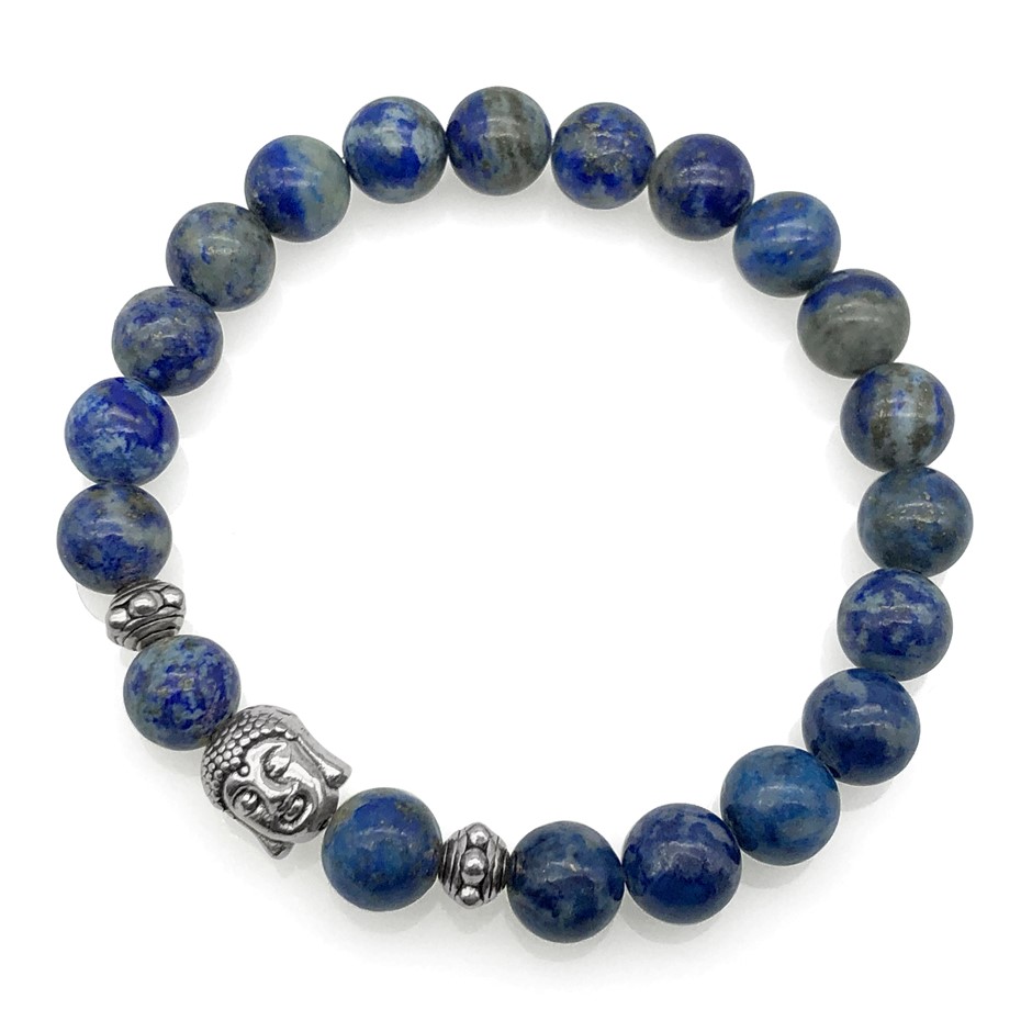 8mm Lapis Lazuli & Antique Silver Buddha Charm Beaded Bracelet