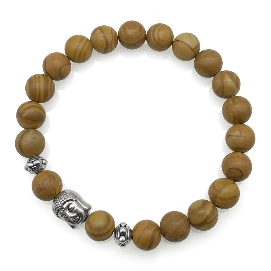 8mm Wood Lace & Antique Silver Buddha Charm Beaded Bracelet