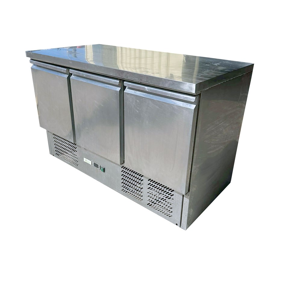 FED STAINLESS STEEL 3 DOOR FRIDGE ON WHEELS