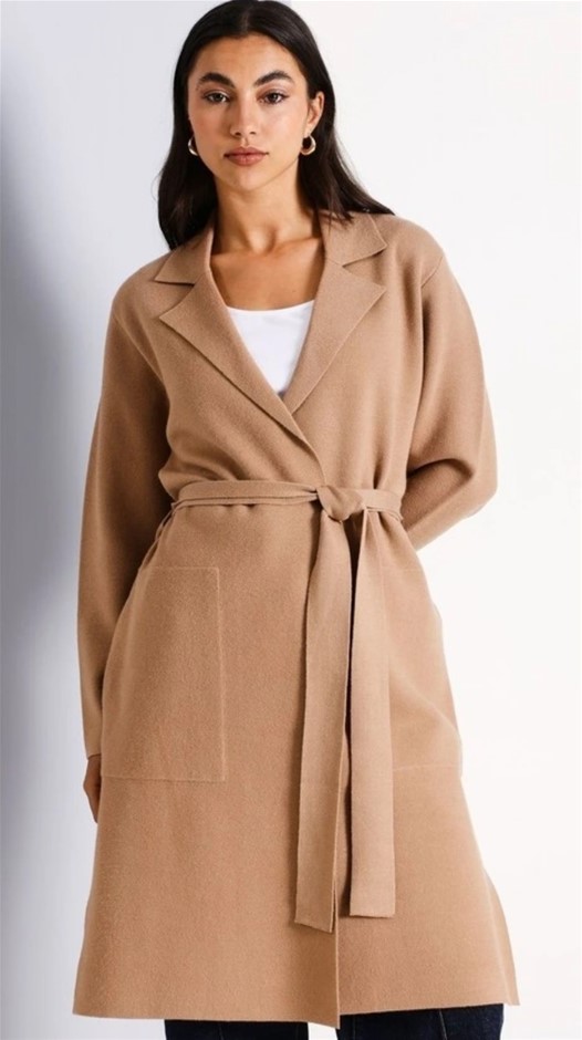BASQUE Petite Double Faced Collar Revere Cardigan, Size L, Camel. RRP: $149