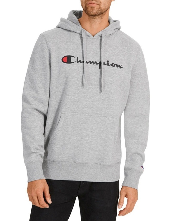 CHAMPION Men's Script Hoodie, Size L, Cotton, Oxford Heather (A4R), AY79G.