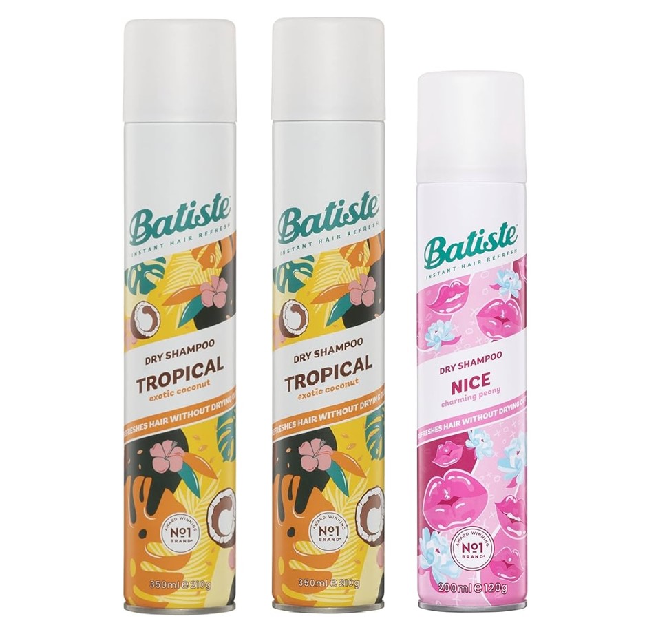 3 x BATISTE Dry Shampoo, Incl: 2x Tropical 350mL & 1x Nice 200mL. Buyers N