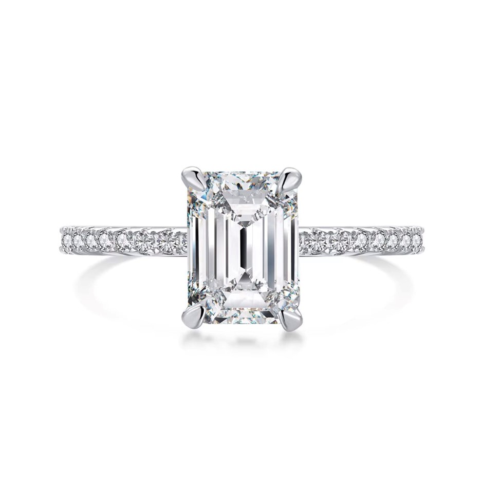 2.0ct Rectangle Cut GRA Certified Moissanite 925 Sterling Silver Ring - Siz