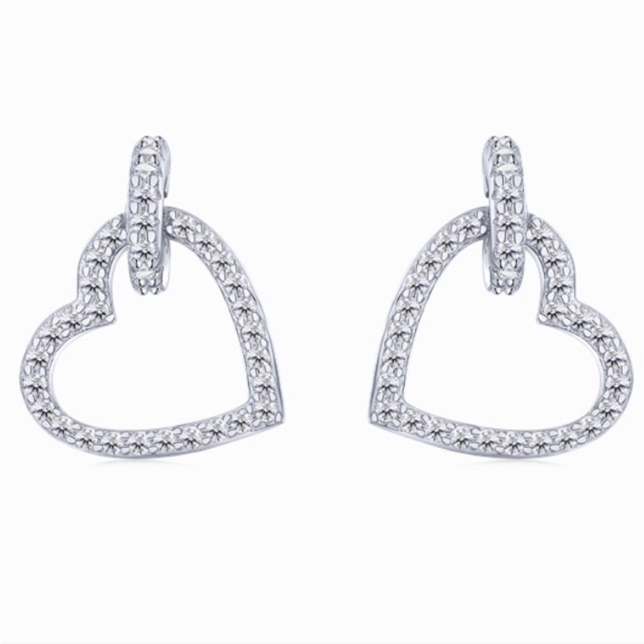 Heart 925 Sterling Silver Simulated Diamonds Dangling Earrings