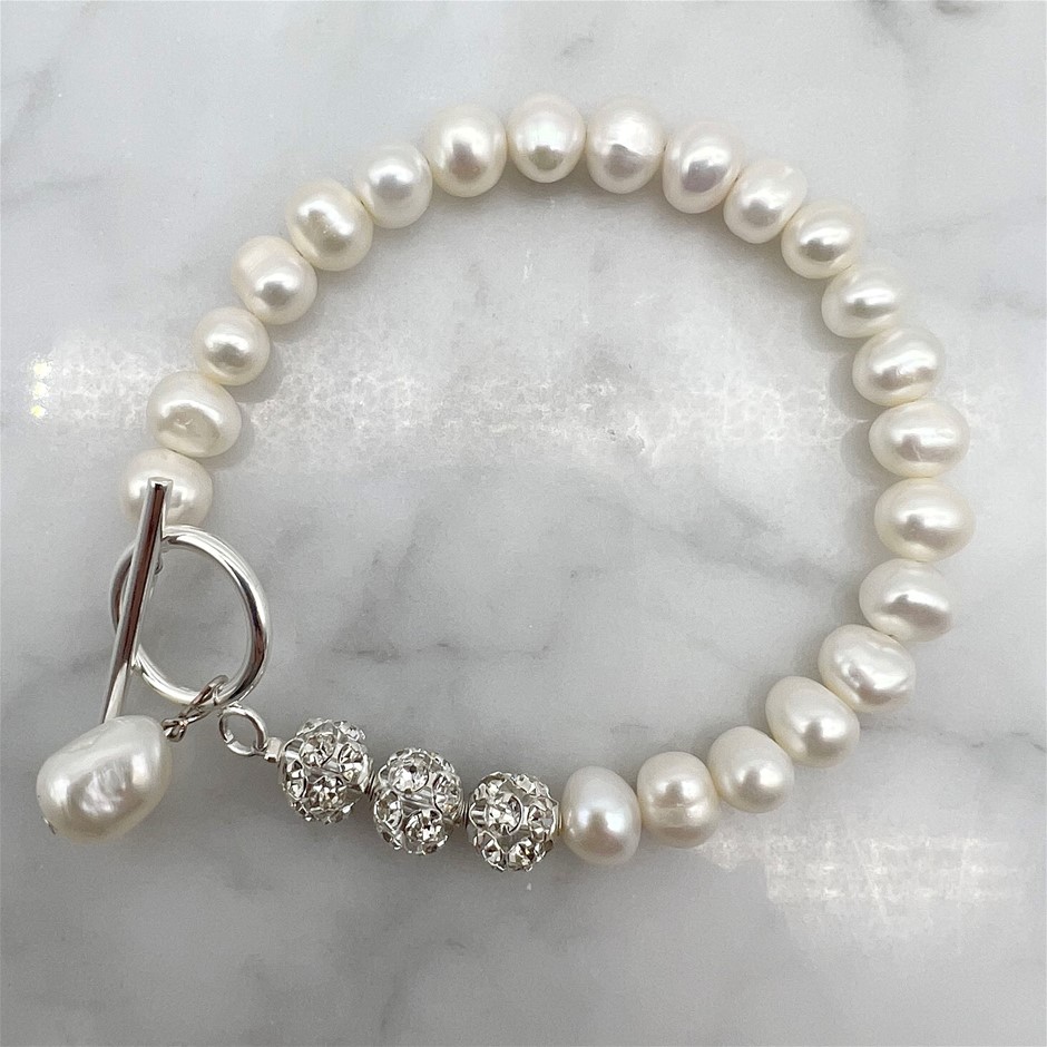 7-8mm Potato & Baroque Pearl with 'O' Toggle & Rhinestones Bracelet