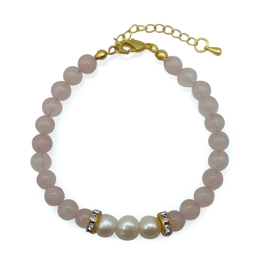 7-8mm Pearl & Rose Quartz with Real 18k Gold Plated Bracelet