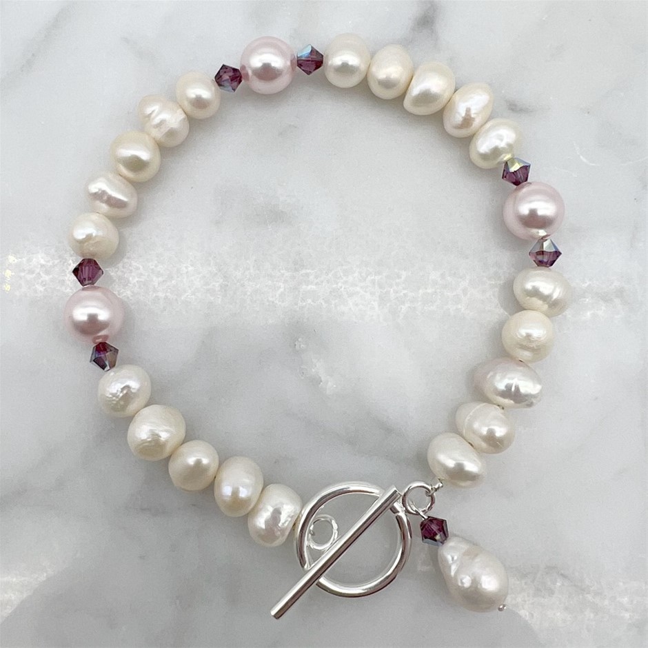 7-8mm Potato, Baroque Pearl & Swarovski Crystals with 'O' Toggle Bracelet