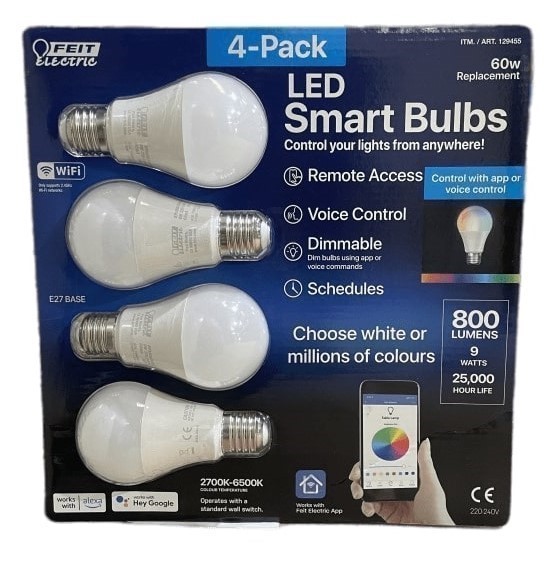FEIT ELECTRIC 4pc LED Smart Bulbs E27 Base, 800 Lumens. NB: Damaged packagi