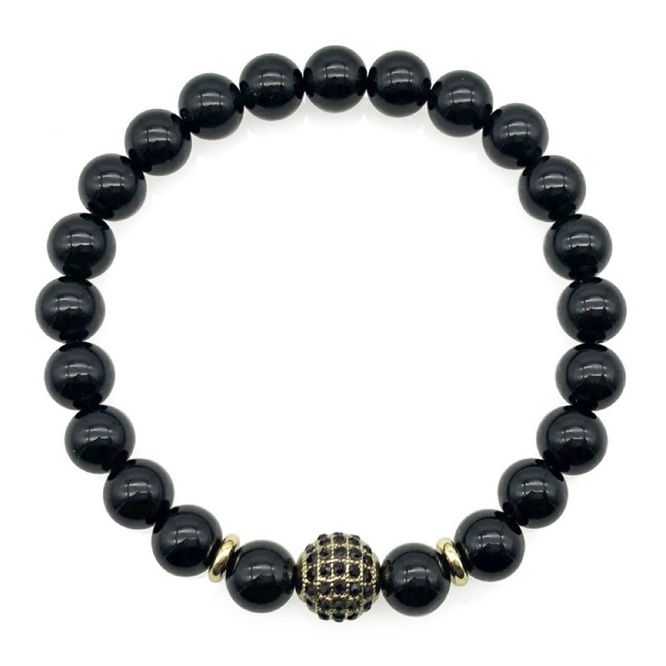 Men's 8mm Black Agate & Golden Rhinestone Beaded Gemstone Bracelet