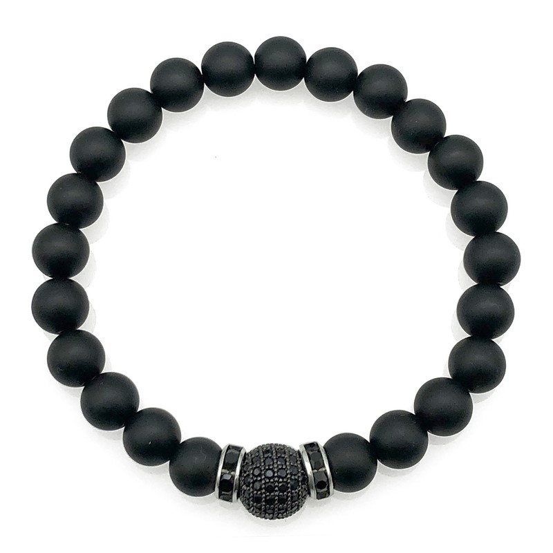 Men's 8mm Frosted Black Agate & Golden Rhinestone Beaded Gemstone Bracelet